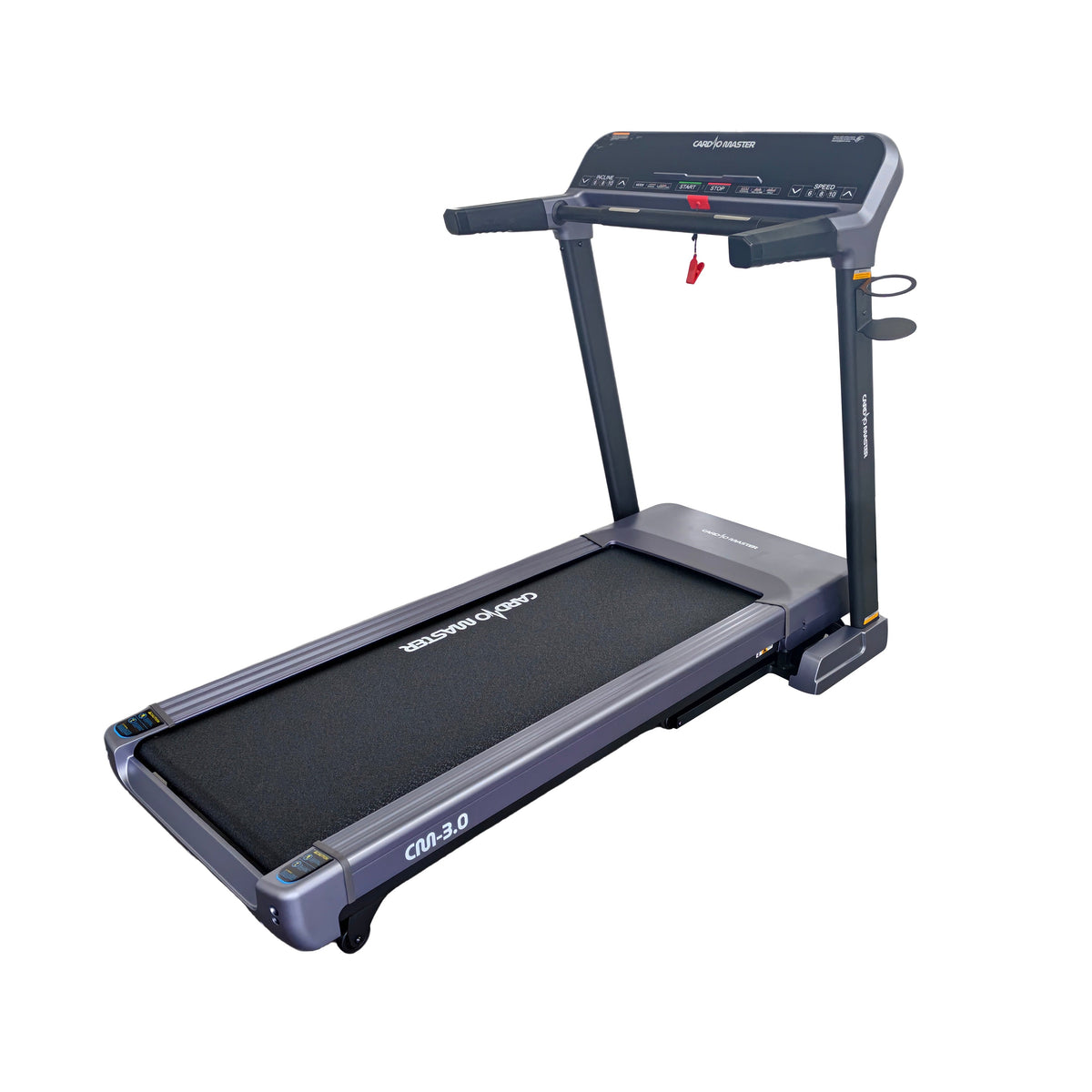 A sleek indoor treadmill with a dark gray frame, black running belt, and a digital control console on the handlebar, shown against a plain white background.