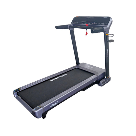 A sleek indoor treadmill with a dark gray frame, black running belt, and a digital control console on the handlebar, shown against a plain white background.