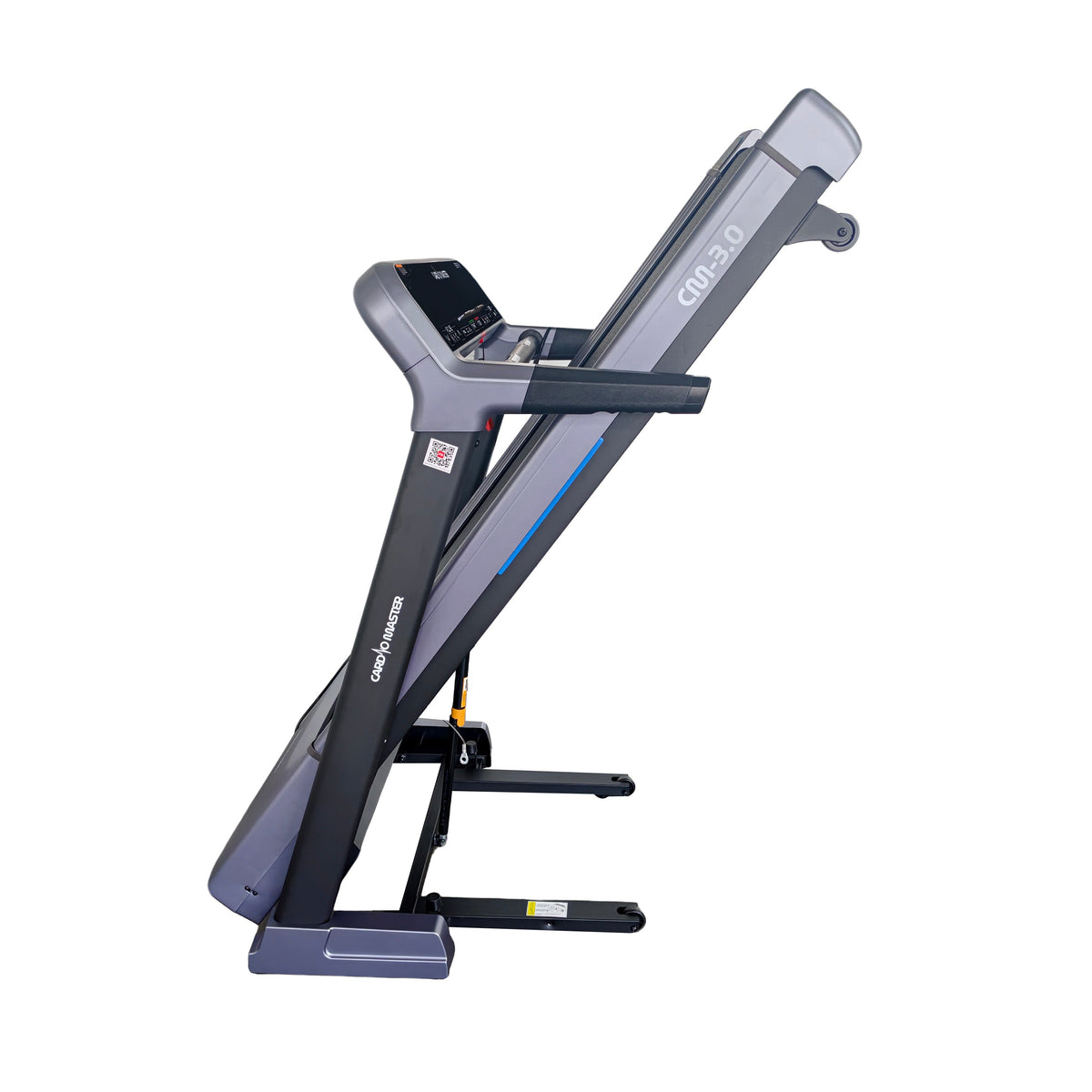 A GY-350 folding treadmill shown from a side profile view against a solid white background. The treadmill features a dark gray frame with purple-gray accents, a black console, and blue stripe details.