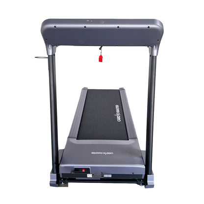 A gray and black Omron electronic treadmill with a digital display screen on the back panel, shown from a front-facing perspective against a solid white background.