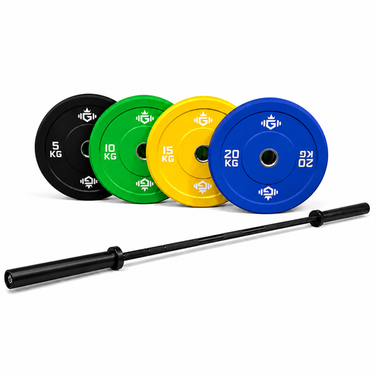 100kg Olympic Bumper Weights and 1000lb GymKing Olympic Bar Package