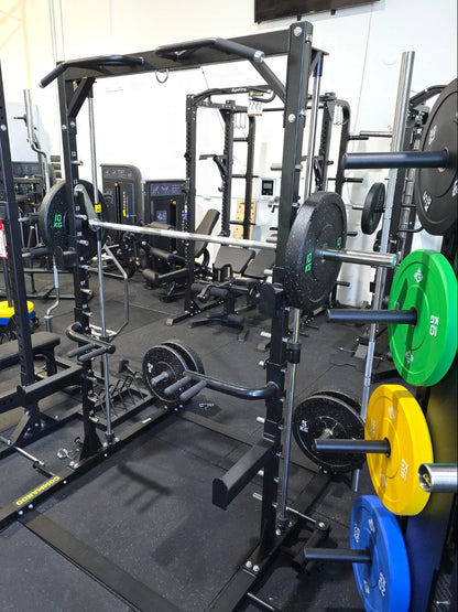Gym equipment with weight plates in a fitness center