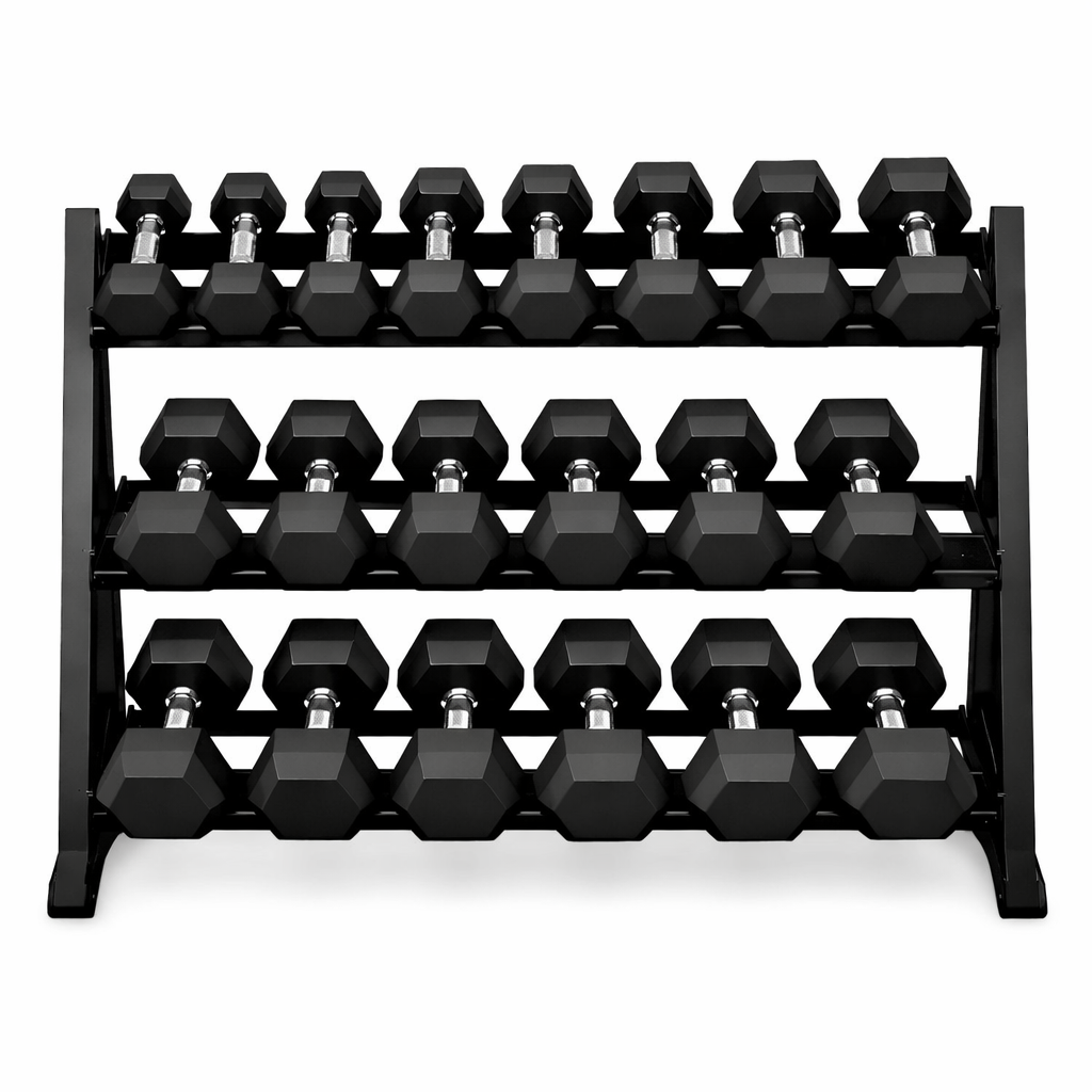Rubber Hex Dumbbell Set 2.5kg-25kg with 3 Tier Rack