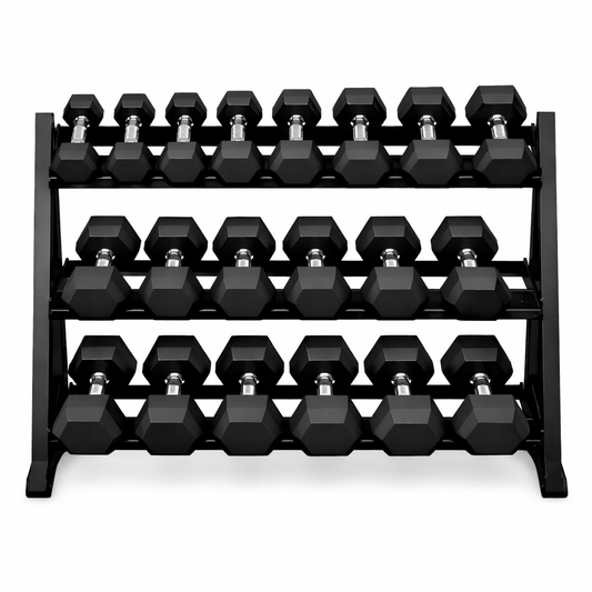 Rubber Hex Dumbbell Set 2.5kg-25kg with 3 Tier Rack