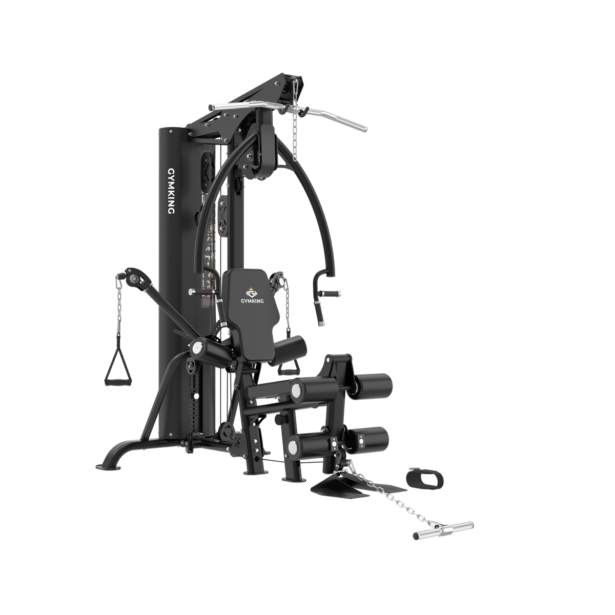 A black multi-functional home gym cable machine with attachments, shown on a solid white background. The brand name 'GYMNOIC' is visible on the vertical frame and the seat backrest.