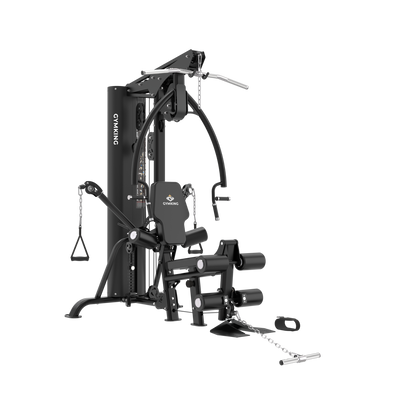 A black multi-functional home gym cable machine with attachments, shown on a solid white background. The brand name 'GYMNOIC' is visible on the vertical frame and the seat backrest.
