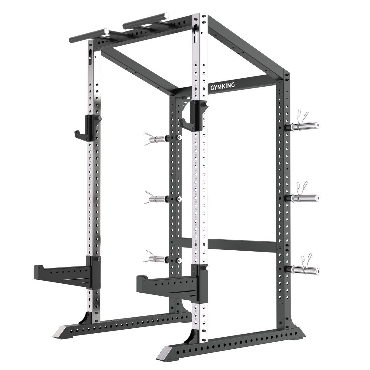 GymKing M75 Full Commercial Power Rack with brushed stainless steel uprights, J-hooks, spotter arms and plate storage