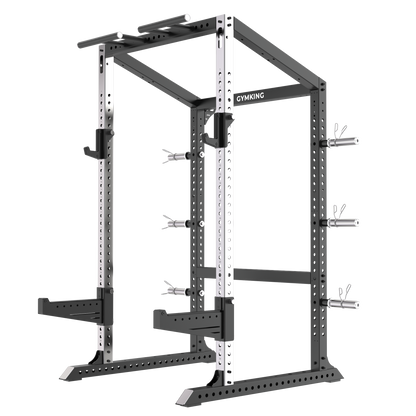 GymKing M75 Full Commercial Power Rack with brushed stainless steel uprights, J-hooks, spotter arms and plate storage