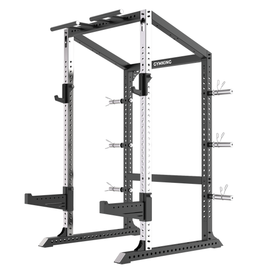 GymKing M75 Full Commercial Power Rack with brushed stainless steel uprights, J-hooks, spotter arms and plate storage