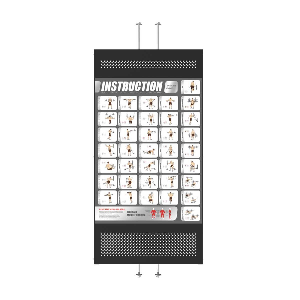 GymKing X3 Pro exercise chart board with illustrated cable, Smith and free-weight exercises