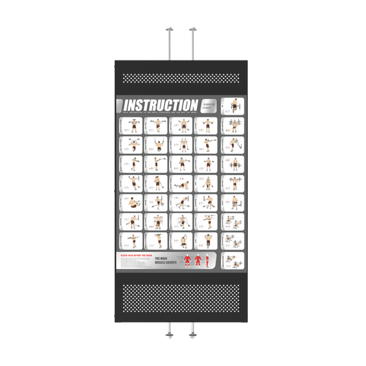 GymKing X3 Pro exercise chart board with illustrated cable, Smith and free-weight exercises