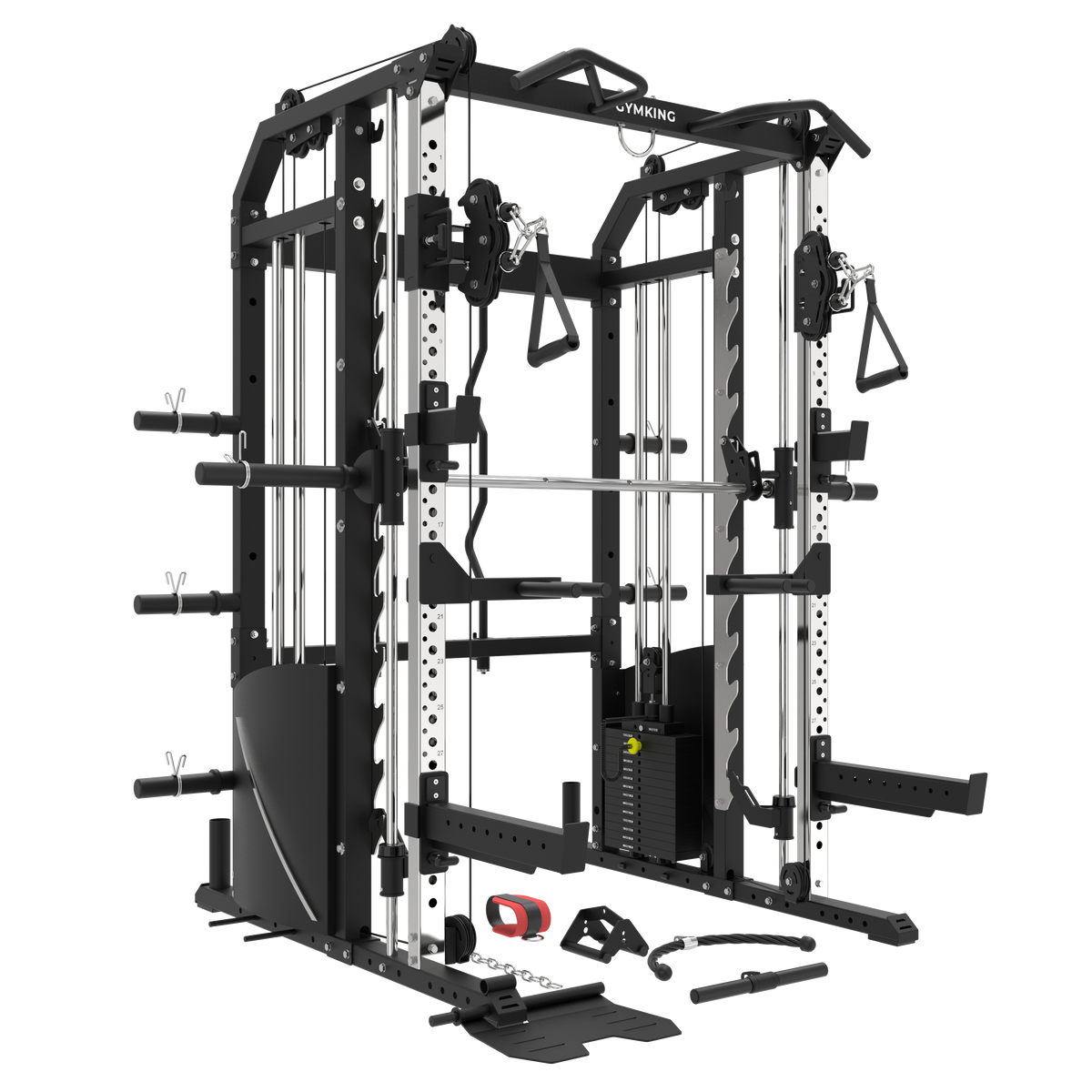 A black and silver multi-functional home gym power rack with cable pulleys, weight plates, and accessories arranged on the floor against a solid white background.