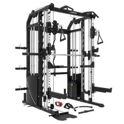 A black and silver multi-functional home gym power rack with cable pulleys, weight plates, and accessories arranged on the floor against a solid white background.