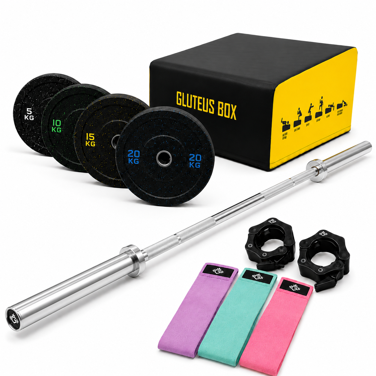 A barbell weight set with four black weight plates (5 kg, 10 kg, 15 kg, 20 kg), a silver barbell, two black hex collars, three resistance bands in purple, teal, and pink, and a black and yellow box labeled 'GLUTEUS BOX' on a white background.