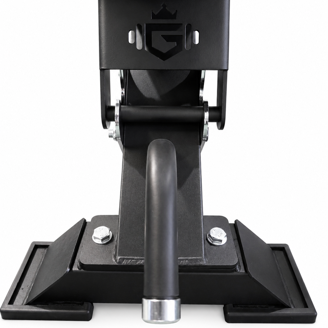 Black stand with a brand logo on a white background