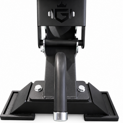 Black stand with a brand logo on a white background