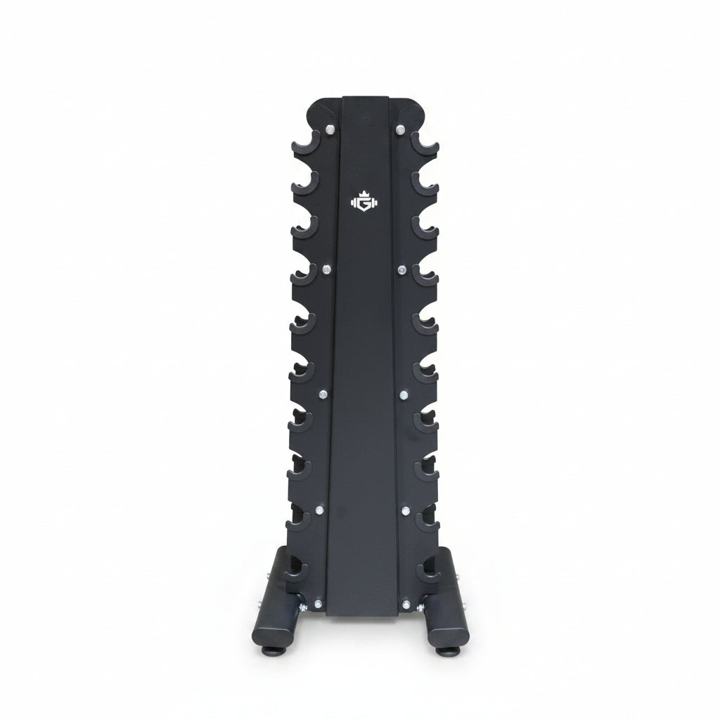 A black metal upright rack with multiple peg slots, standing on a concrete warehouse floor with shelves and stacked cardboard boxes in the background.