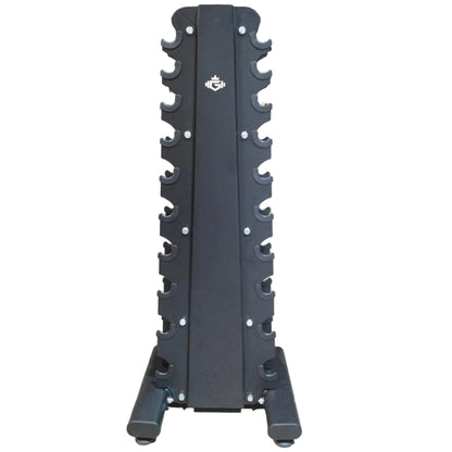 A black metal weight rack stand with multiple pegs and a central logo, photographed in a warehouse setting with cardboard boxes and shelving in the background.