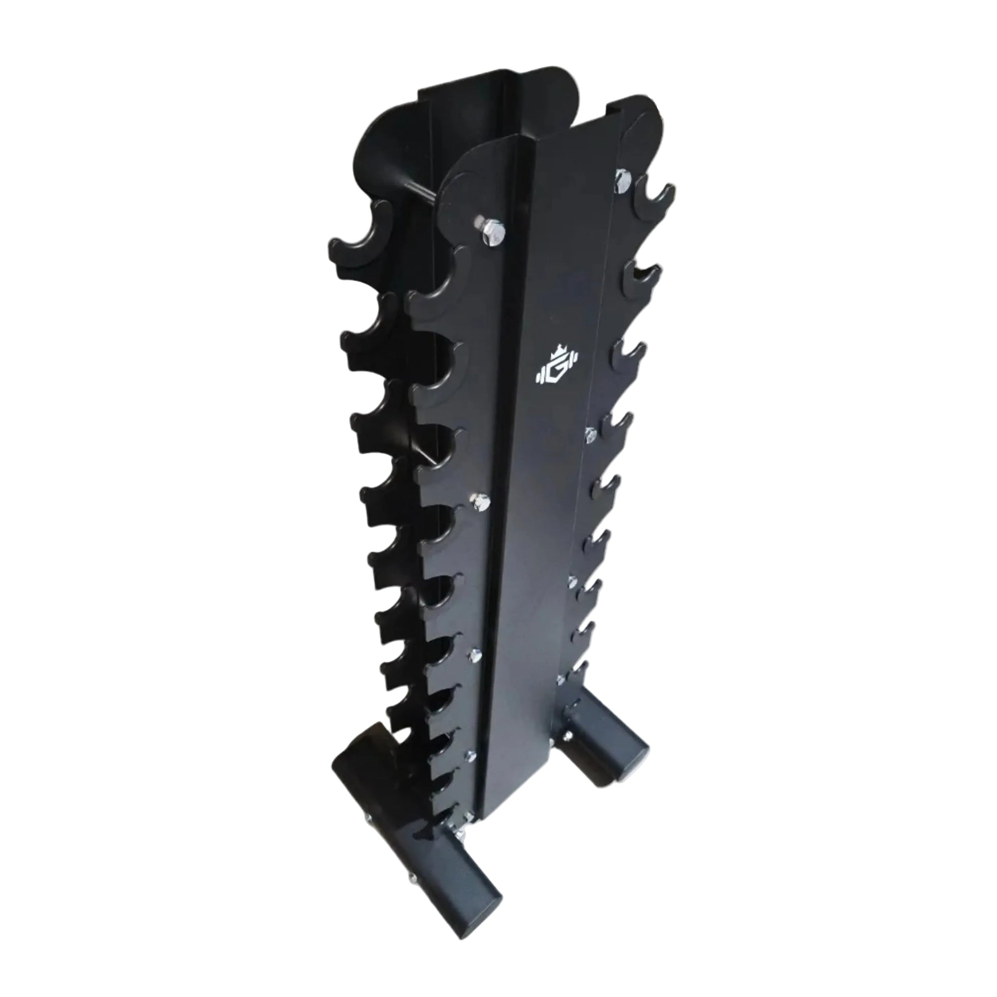 A black metal dumbbell rack with multiple adjustable weight plates, standing on a concrete warehouse floor with stacked cardboard boxes in the background.