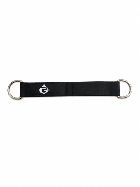 Black resistance band with a logo on a white background