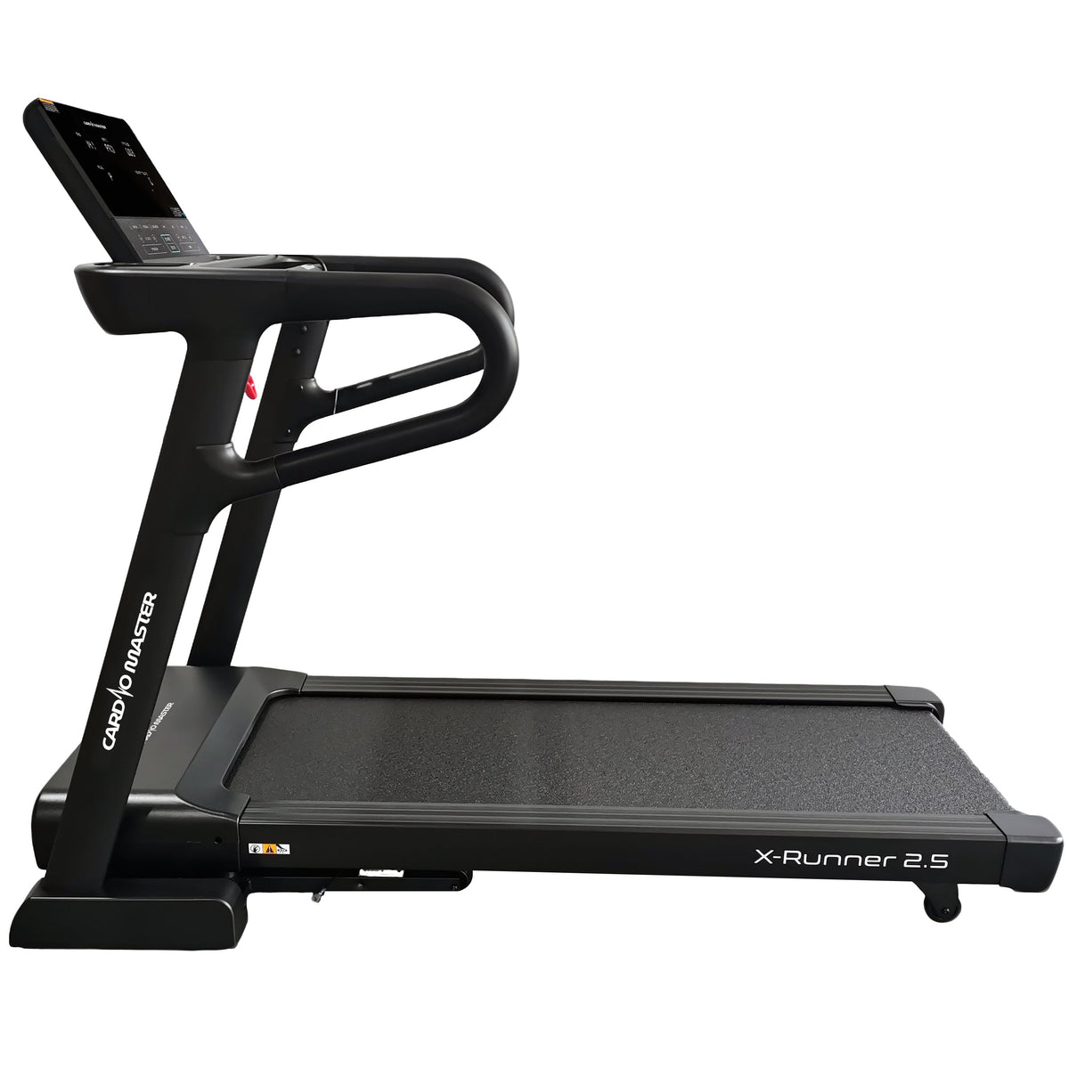 A black CardioMaster X-Runner 2.5 treadmill with a digital display screen and curved handlebars, shown from a side angle on a solid white background.