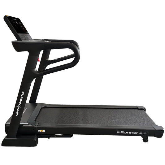 A black CardioMaster X-Runner 2.5 treadmill with a digital display screen and curved handlebars, shown from a side angle on a solid white background.