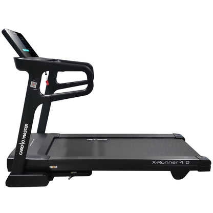 A black X-Runner 4.0 treadmill from Cheetah Fitness Systems, shown from a side profile view against a solid white background.