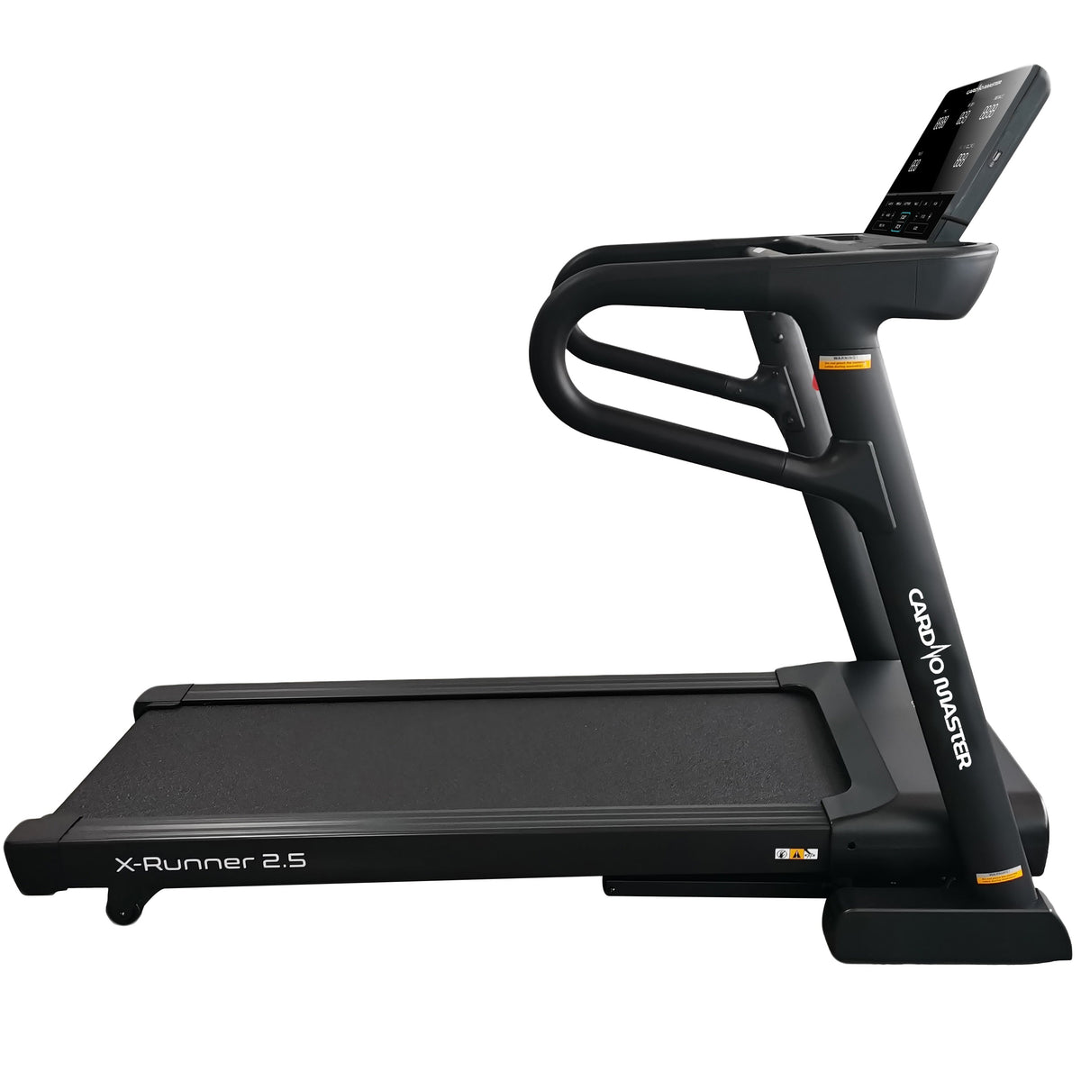 A black X-Runner 2.5 treadmill from Cardio Master, shown from a side profile view against a solid white background.
