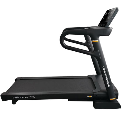 A black X-Runner 2.5 treadmill from Cardio Master, shown from a side profile view against a solid white background.