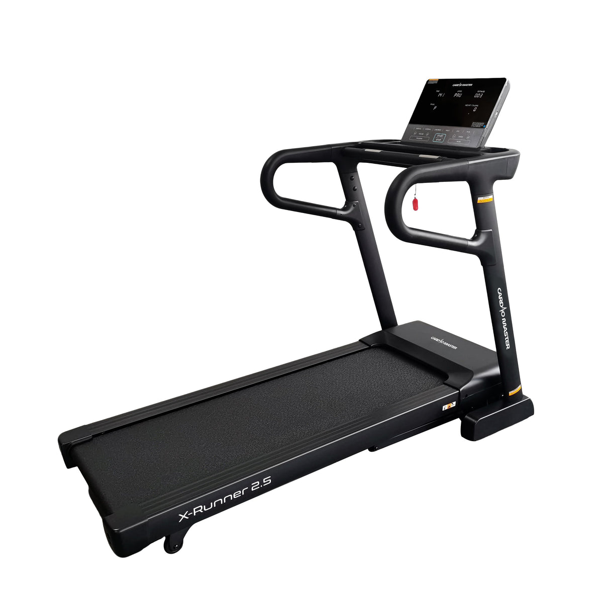 A black X-Runner 2.5 treadmill with a digital display screen on the handle frame, shown from a three-quarters angle against a solid white background.
