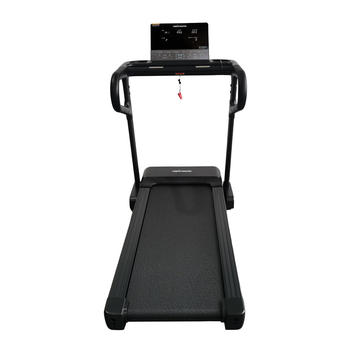 A black automatic treadmill with a digital display screen on the console, shown from a front-facing perspective against a solid white background.