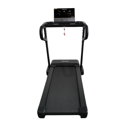 A black automatic treadmill with a digital display screen on the console, shown from a front-facing perspective against a solid white background.