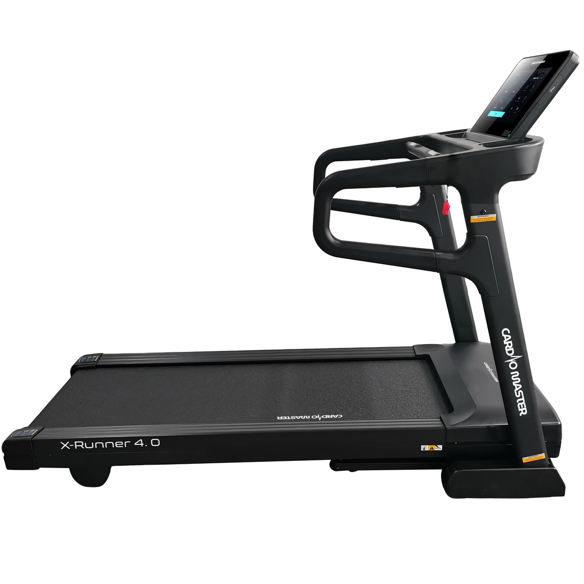 A black X-Runner 4.0 treadmill by CardioMats, featuring a digital display screen on the handle frame, shown from a side profile against a solid white background.