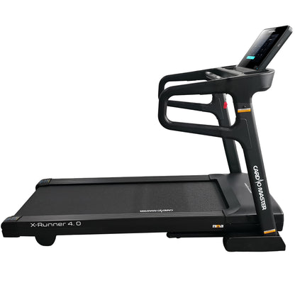 A black X-Runner 4.0 treadmill by CardioMats, featuring a digital display screen on the handle frame, shown from a side profile against a solid white background.