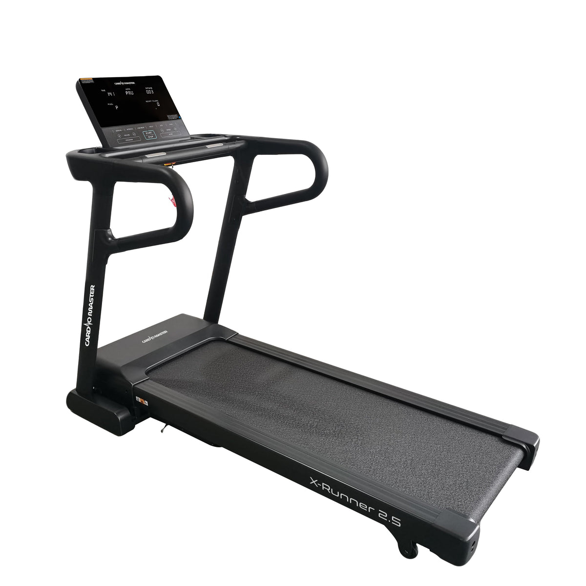 A sleek black Xelluman X1Runner 2.5 folding treadmill with an integrated digital display screen on the console, set against a solid white background.