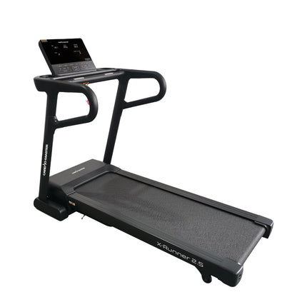 A sleek black Xelluman X1Runner 2.5 folding treadmill with an integrated digital display screen on the console, set against a solid white background.