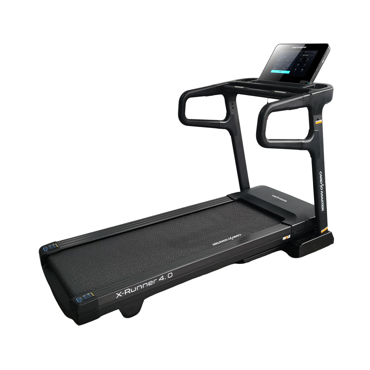 A black X-Runner 4.0 treadmill with an integrated digital display screen on the upper frame, shown from a three-quarters angle against a solid white background.