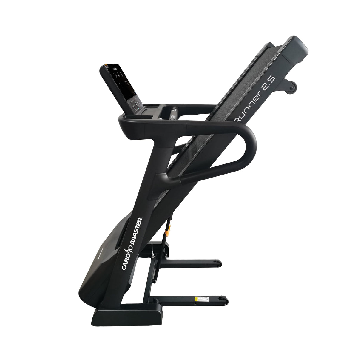 A black CardioMaster Runner 2.5 treadmill shown from a side profile view against a solid white background.