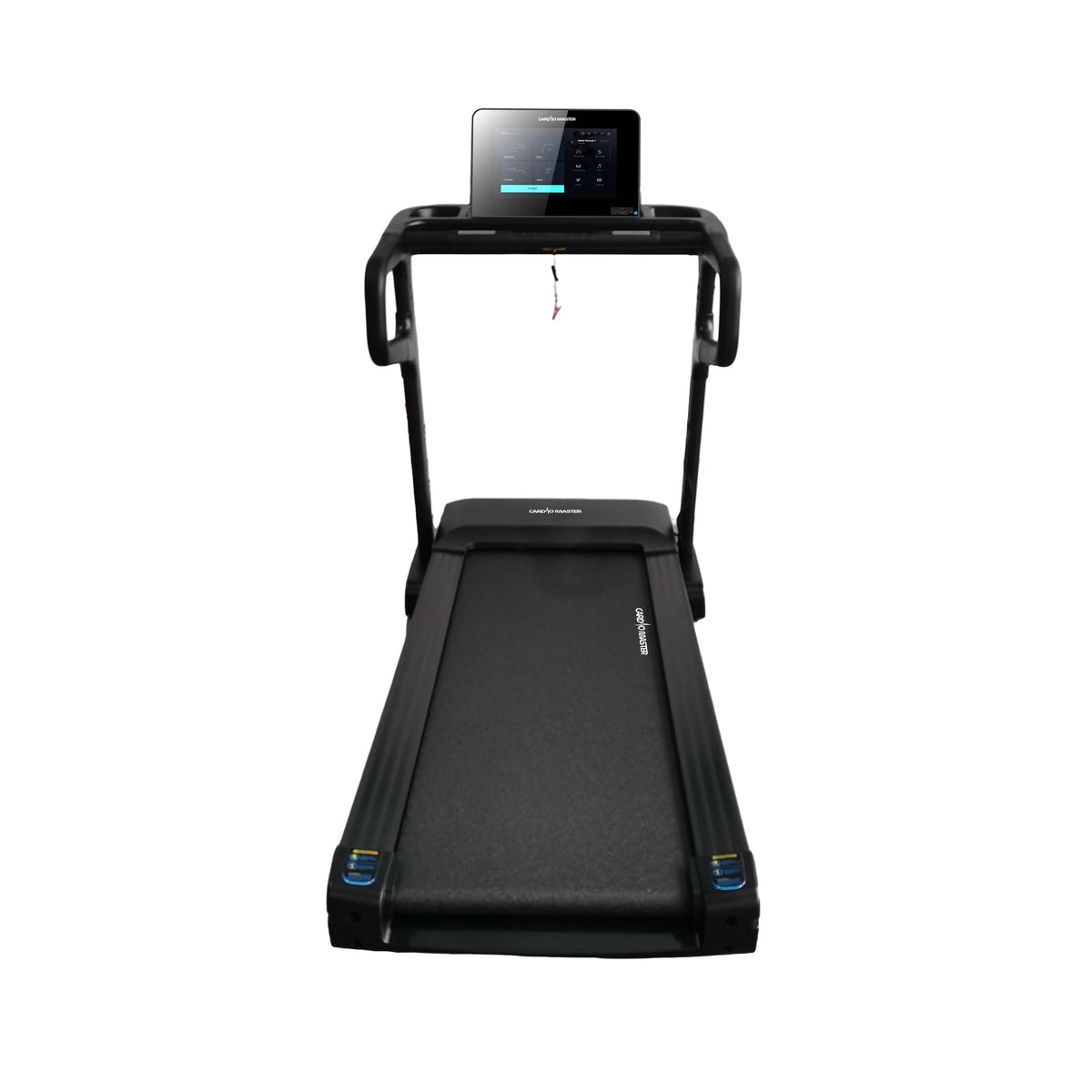 A black treadmill with a digital display screen mounted above the handrails, shown from a front-facing perspective on a solid white background.