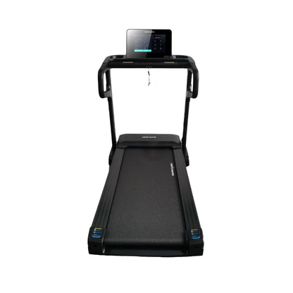 A black treadmill with a digital display screen mounted above the handrails, shown from a front-facing perspective on a solid white background.