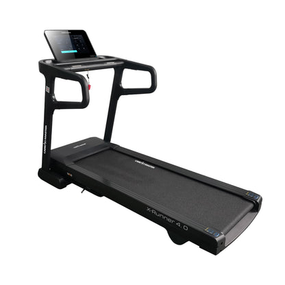 A black X-Runner 4.0 treadmill with an integrated digital display screen on the handle frame, shown from a three-quarters angle against a solid white background.
