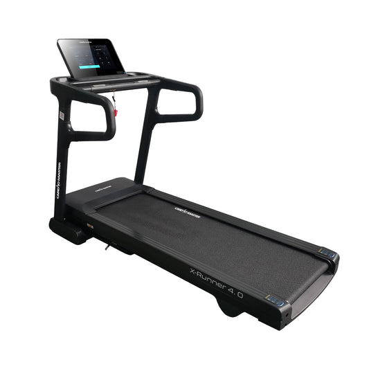 A black X-Runner 4.0 treadmill with an integrated digital display screen on the handle frame, shown from a three-quarters angle against a solid white background.
