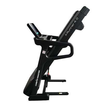 A black XRunner 4.0 Carbon Master treadmill shown from a side profile view against a solid white background.
