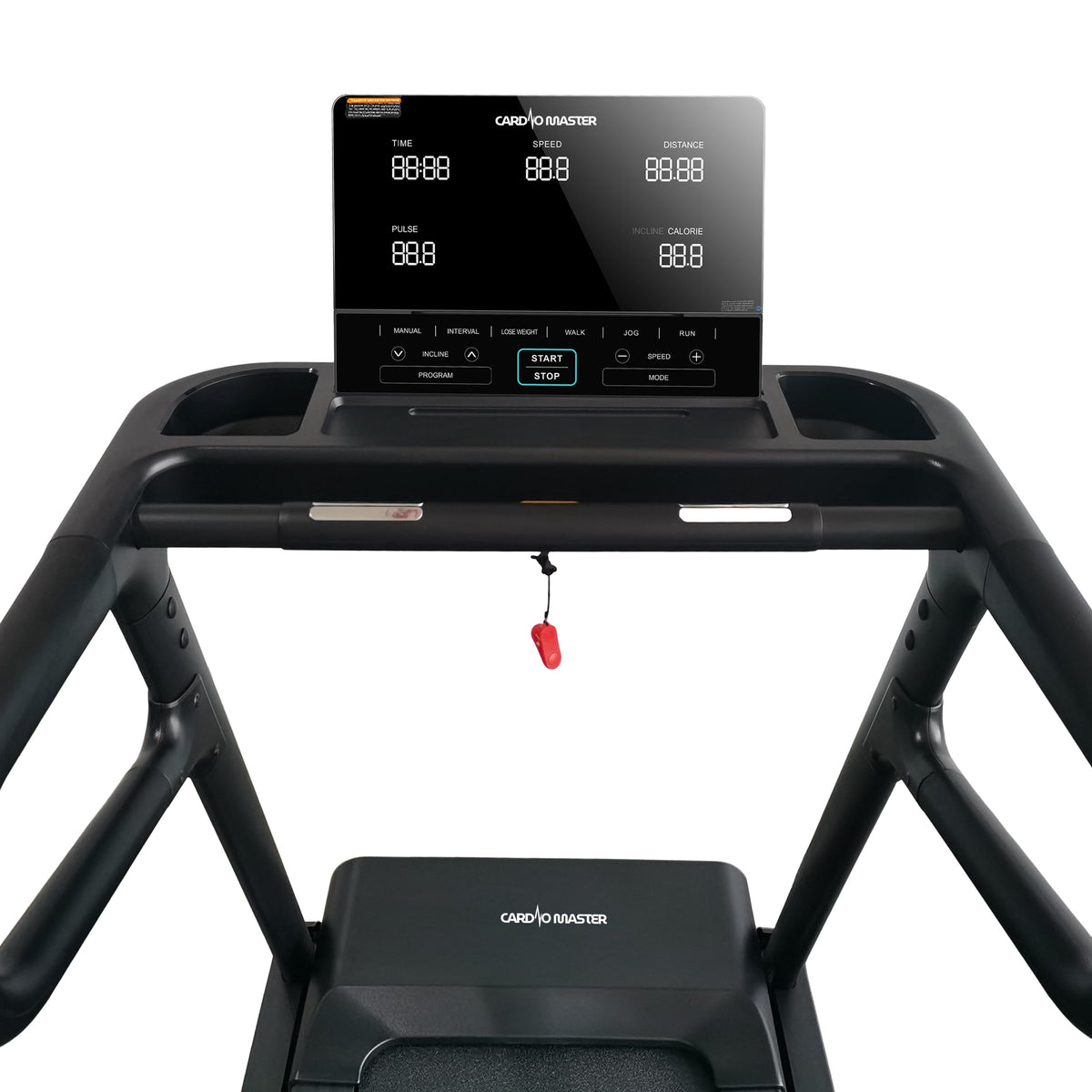 Black cardio machine with a large touch display screen on the front console, featuring curved handlebars and a padded running deck, shown against a plain white background.