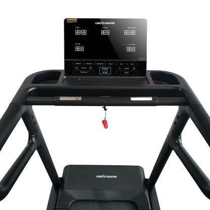 Black cardio machine with a large touch display screen on the front console, featuring curved handlebars and a padded running deck, shown against a plain white background.