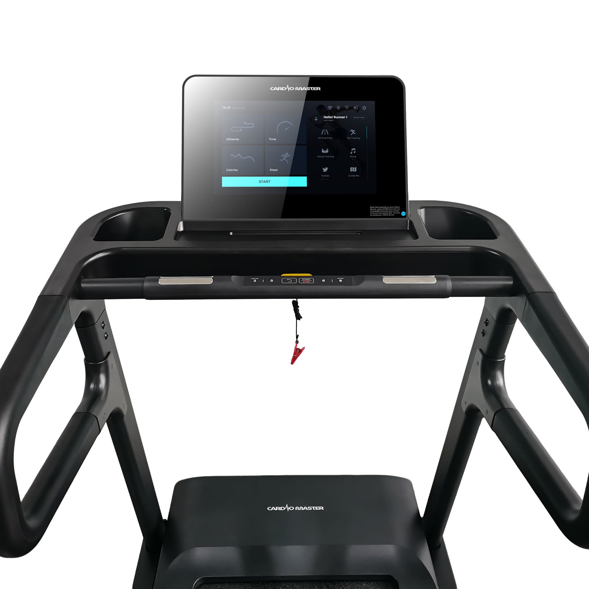 A black indoor treadmill with a large integrated touchscreen display on the console, shown from a front-facing angle against a solid white background.