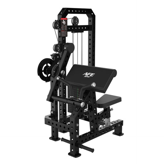 AFE RAW Series Biceps/Triceps Machine with preacher pad, red cam arm and weight stack