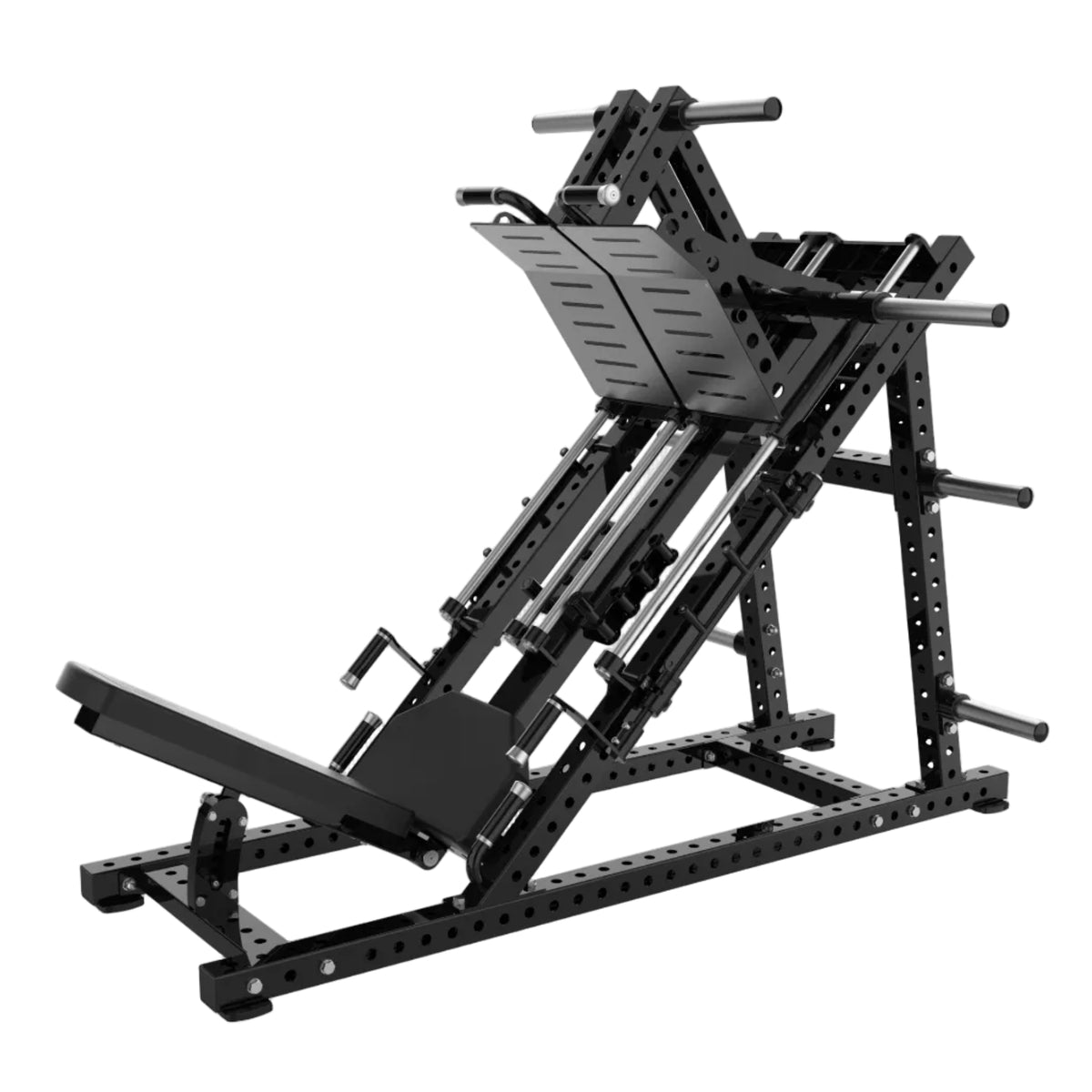AFE RAW Series Separate/Integrated Leg Press, plate loaded, black frame with red footplates