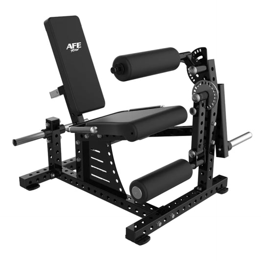 AFE RAW Series Plate Loaded Leg Extension/Leg Curl Machine, black frame with red lever arm