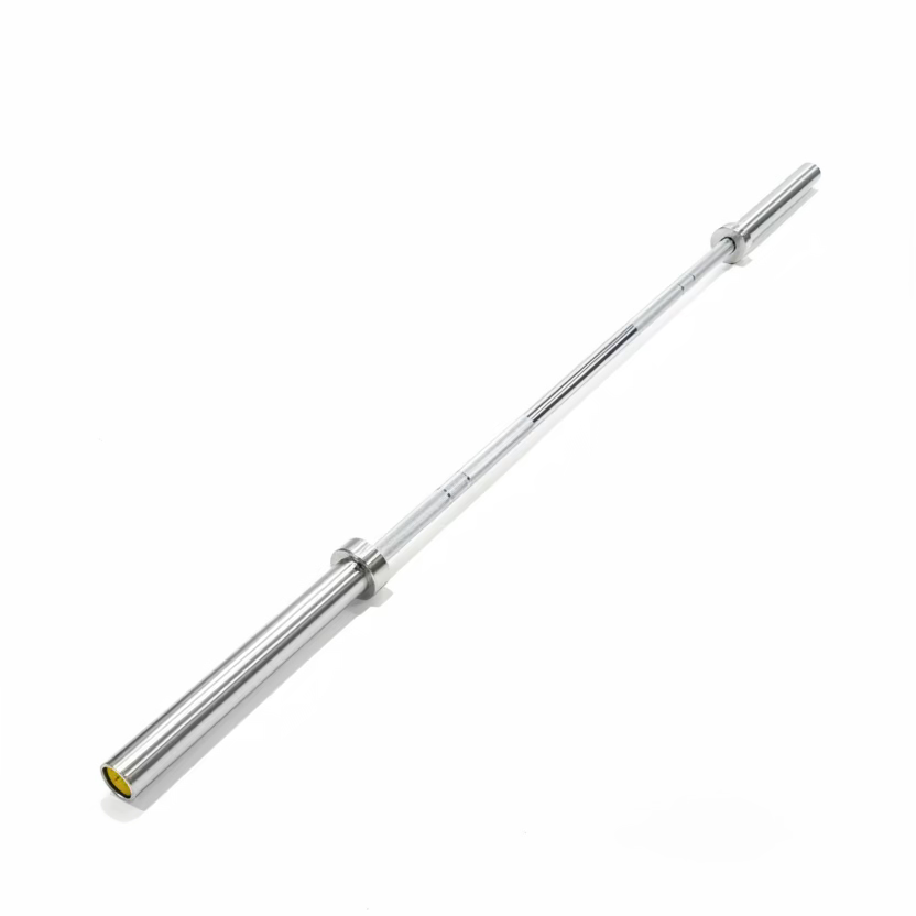 A silver chrome adjustable weight barbell with a yellow ring at the end, shown diagonally on a plain white background.